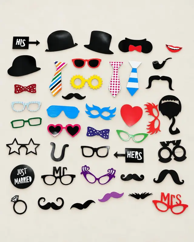 Accessoires classiques : moustaches, nœuds papillon, chapeaux melon